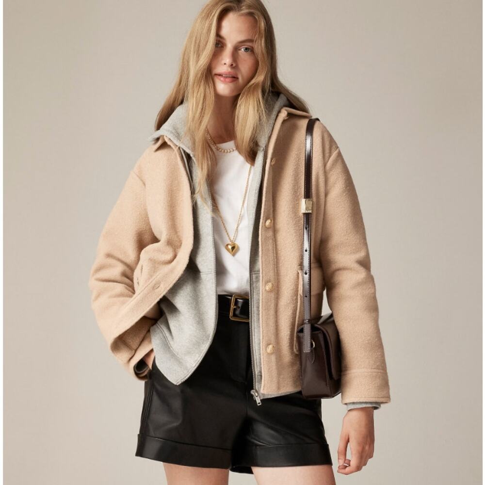 J.Crew Bouclé Shirt Jacket WMNS S Tan Soft Fleece Gold Buttons Pockets Collared
